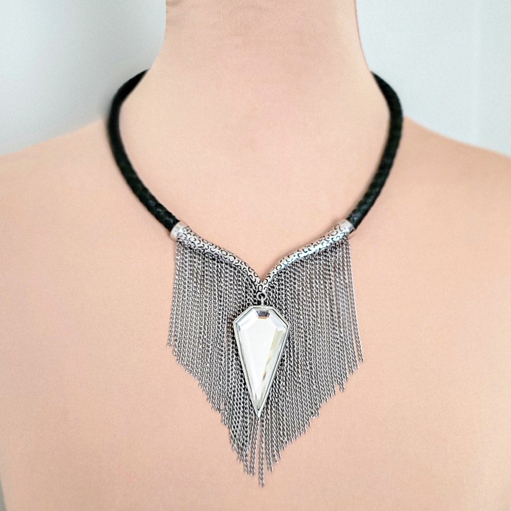 David Sigal Fringe & Crystal Leather Necklace